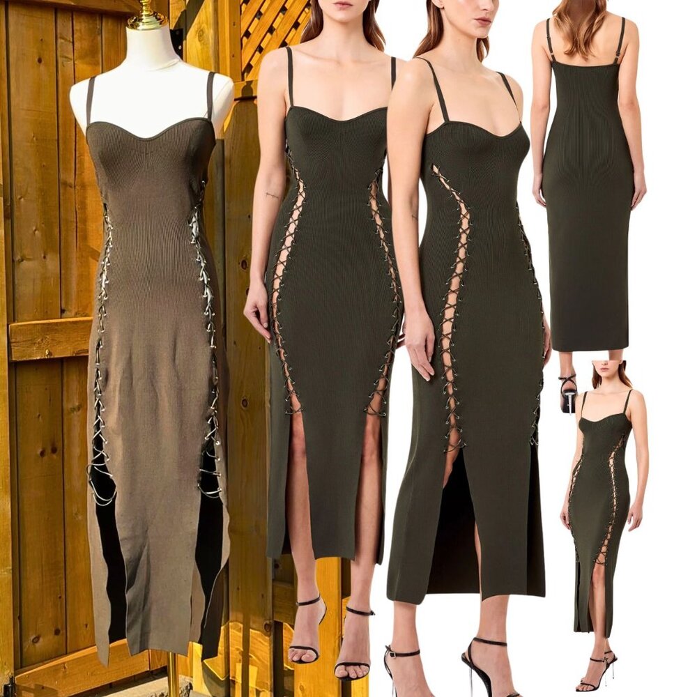 🆕 NICHOLAS 🧿 NWT Palmer Lace Up Ribbed Knit Maxi Dress, Olive Green - Sz M